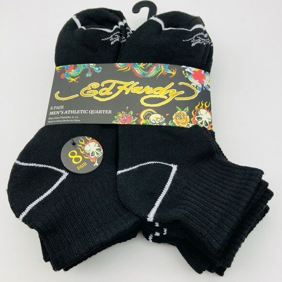 NWT Ed Hardy Men’s Athletic Quarter 8 Pair Socks Size 6-12 - Picture 1 of 6
